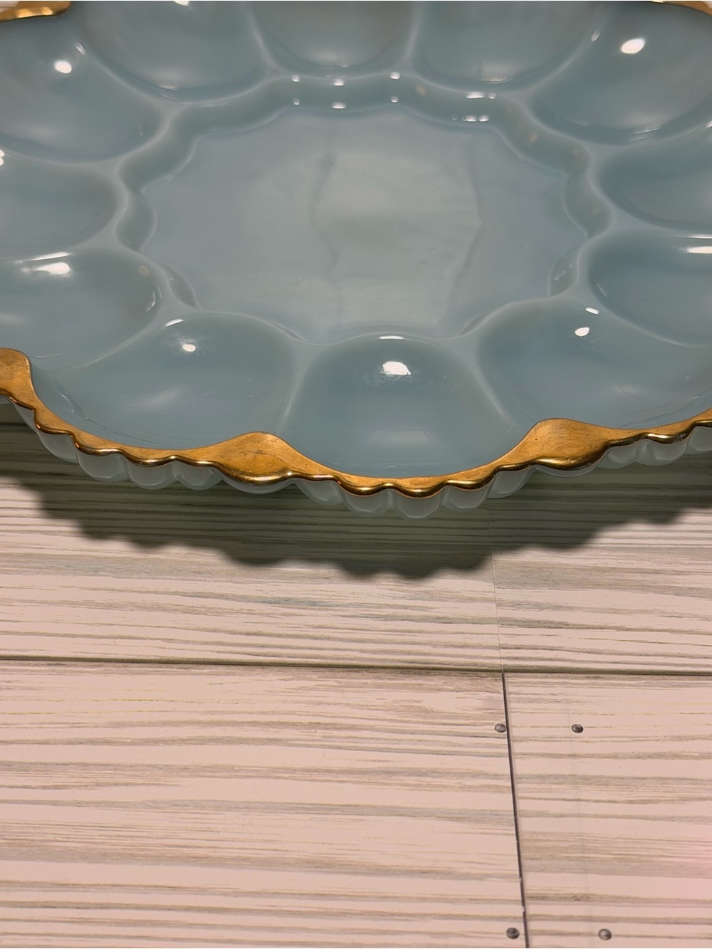 Vintage Anchor Hocking Fire-King Delphite Blue Deviled Egg Plate Gold Trim MCM - Picture 5 of 6